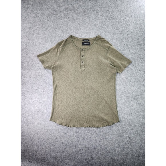 Wings + Horns Henley Shirt‎ Mens Large Green Knit Raw Edge Short Sleeve - Picture 1 of 12